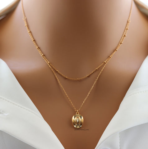 STG 18K Gold Plated Layered Cowboy Hat Pendant Necklace – Western Cowgirl Double Chain Statement Jewelry