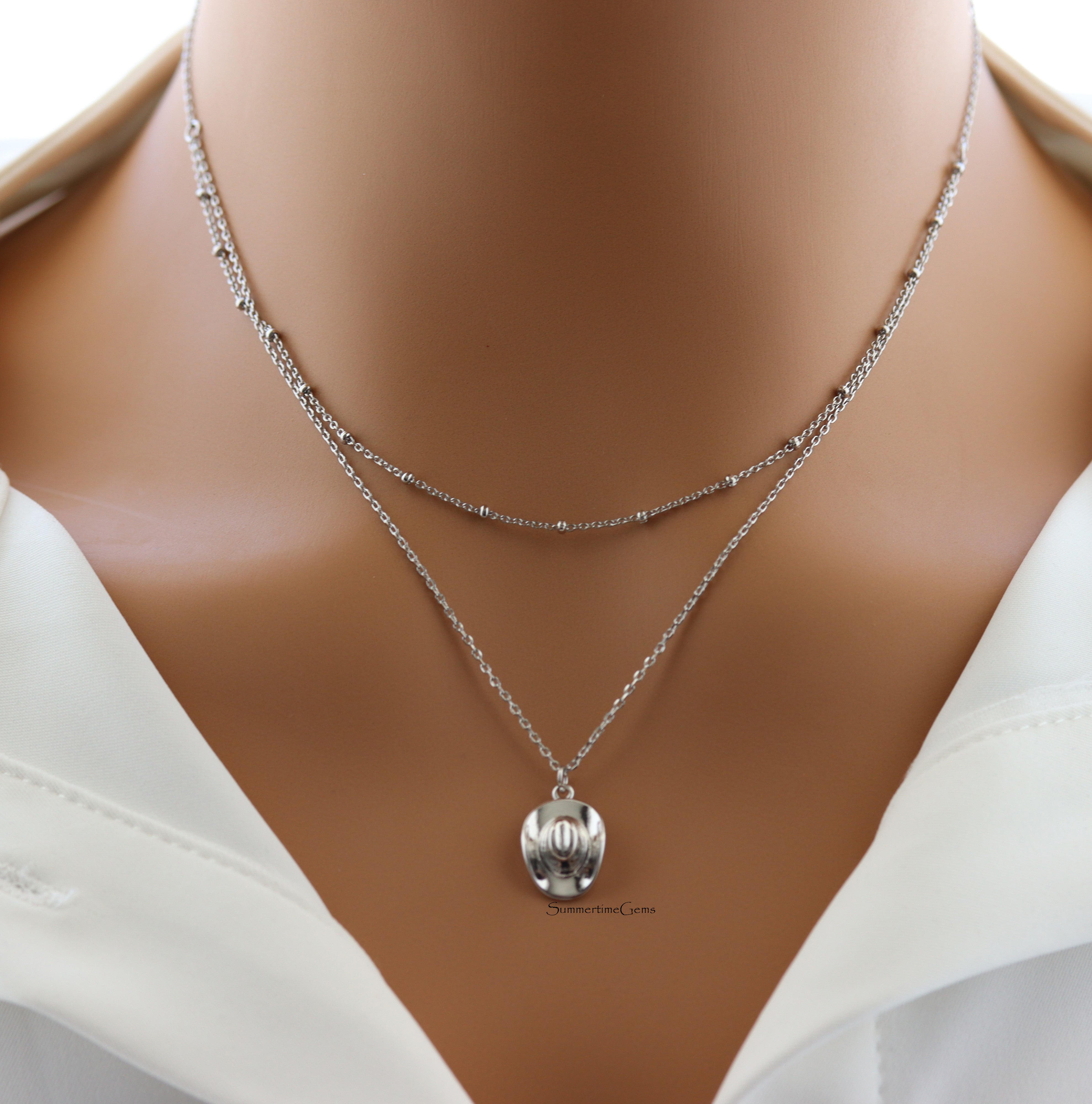 STG 18K Gold Plated Layered Cowboy Hat Pendant Necklace – Western Cowgirl Double Chain Statement Jewelry