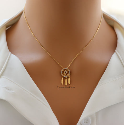 STG 18K Gold Plated Dream Catcher Pendant Necklace – Boho-Inspired Jewelry for Positive Energy and Protection