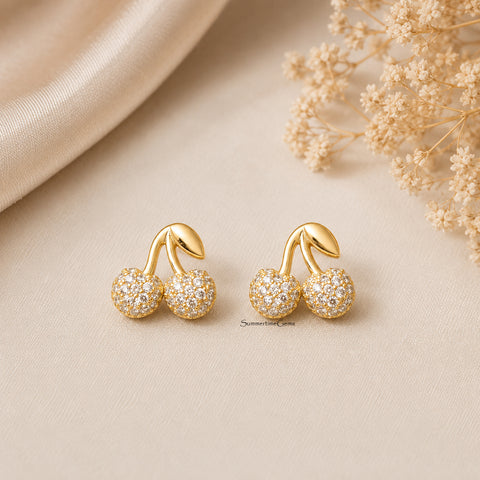 STG 18K Gold Dipped CZ Pave Cherry Stud Earrings – Cute Sparkly Fruit Earrings for Women