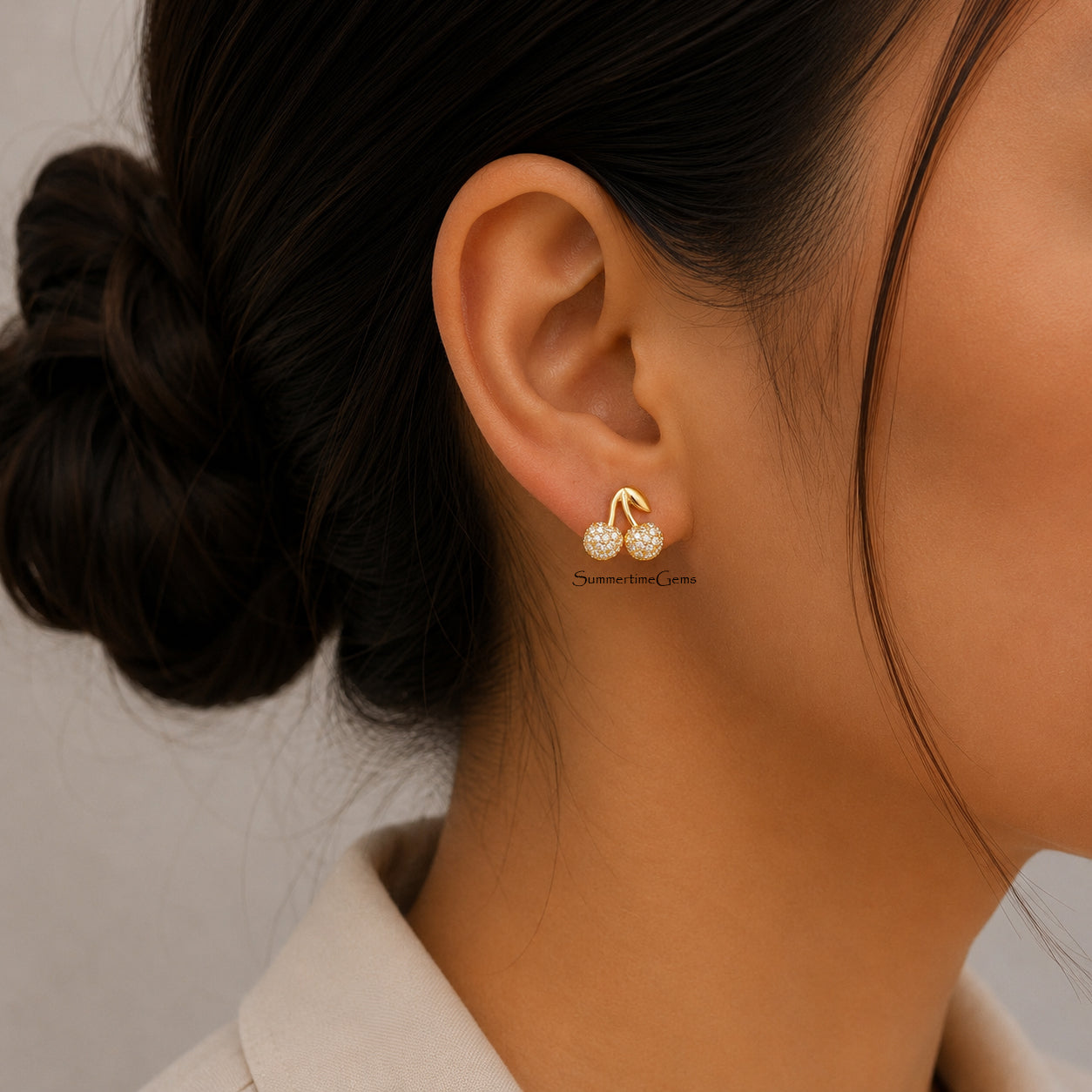 STG 18K Gold Dipped CZ Pave Cherry Stud Earrings – Cute Sparkly Fruit Earrings for Women