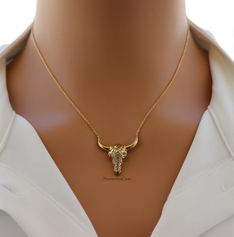 STG 18K Gold Plated Engraved Desert Bull Head Pendant Necklace – Western-Inspired Statement Jewelry for Bold Style