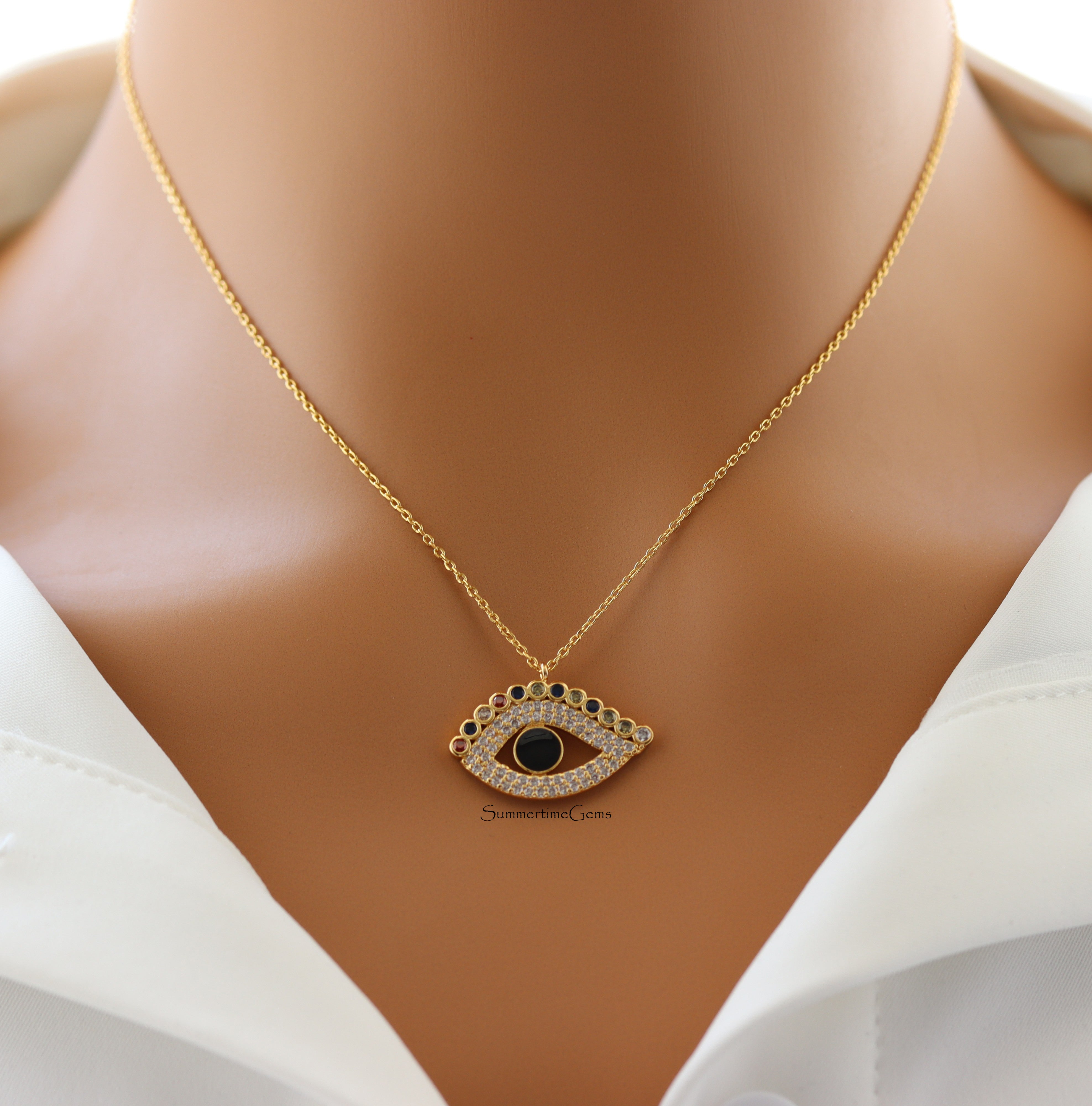 STG 18K Gold Plated CZ Evil Eye Pendant Necklace – Dainty Protection Jewelry with Sparkling Cubic Zirconia