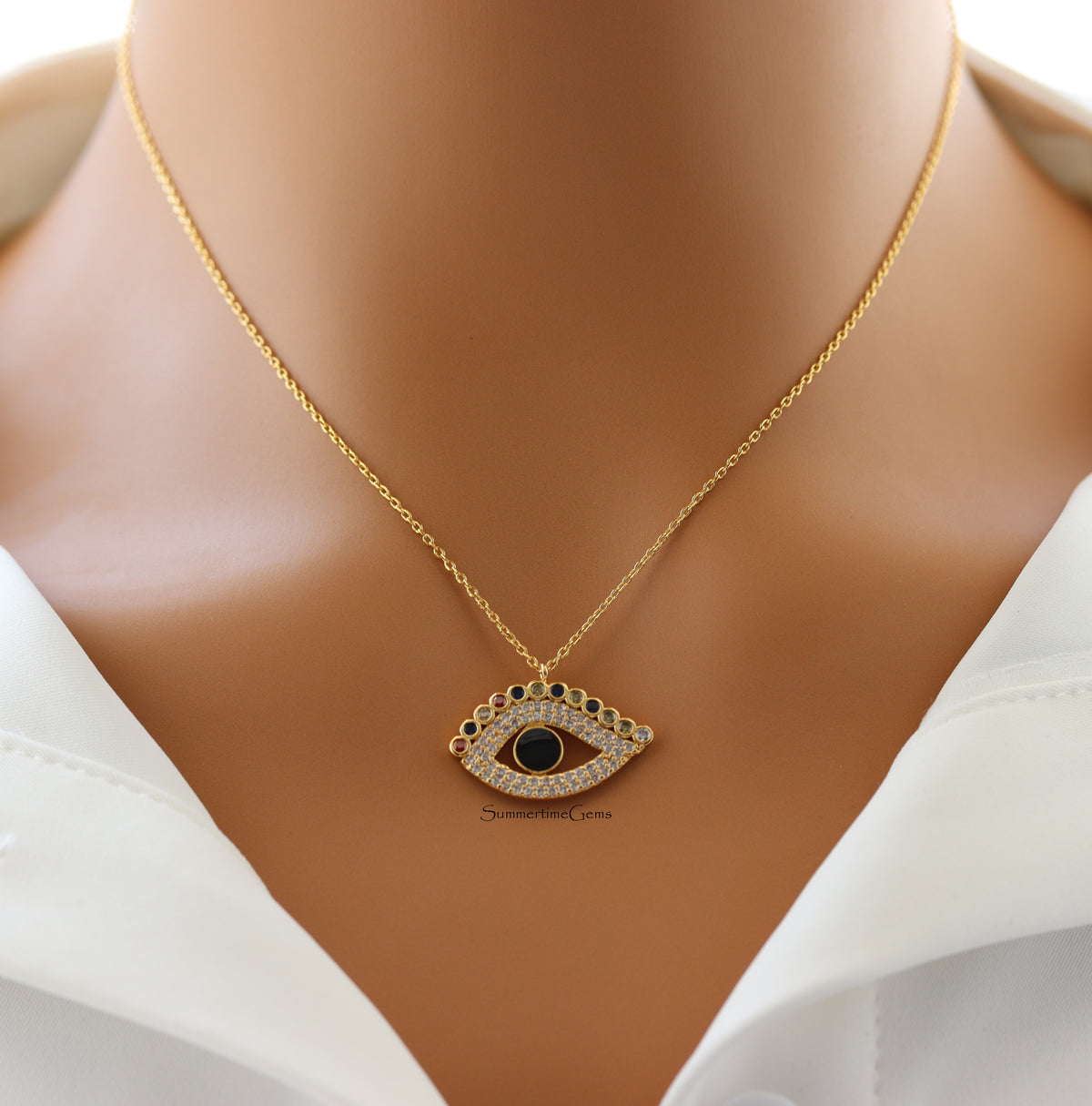 STG 18K Gold Plated CZ Evil Eye Pendant Necklace – Dainty Protection Jewelry with Sparkling Cubic Zirconia