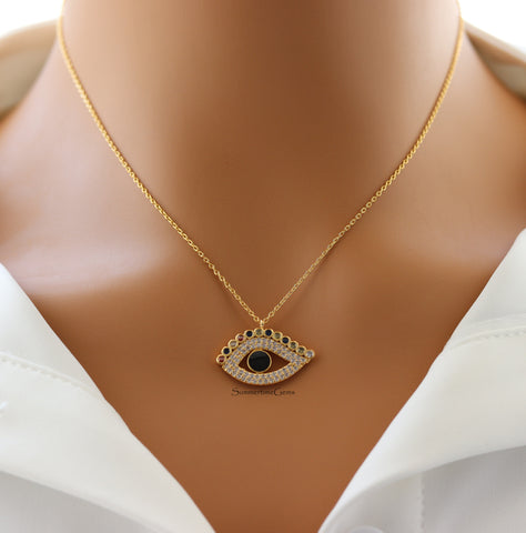 STG 18K Gold Plated CZ Evil Eye Pendant Necklace – Dainty Protection Jewelry with Sparkling Cubic Zirconia