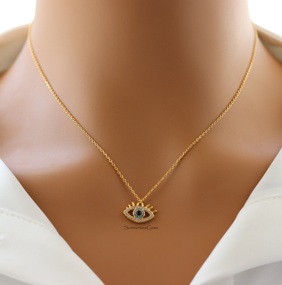 STG 18K Gold Plated Rhinestones Evil Eye Pendant Necklace – Protective & Sparkly Jewelry for Positive Energy