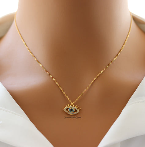 STG 18K Gold Plated Rhinestones Evil Eye Pendant Necklace – Protective & Sparkly Jewelry for Positive Energy