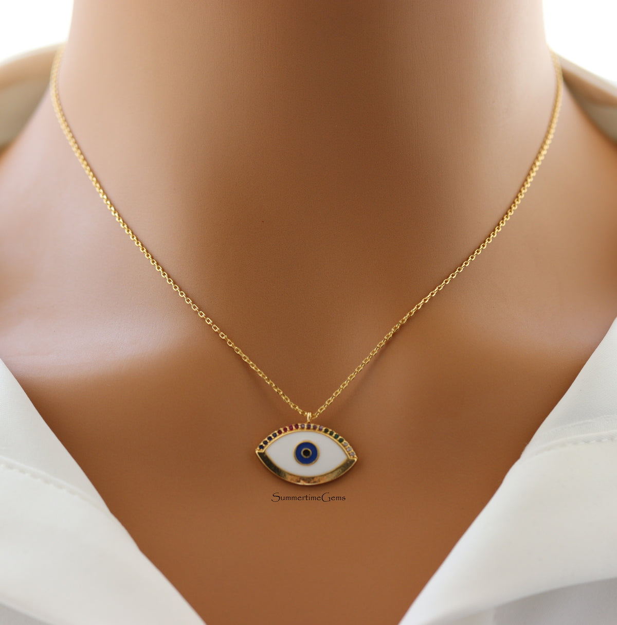 STG 18K Gold Plated Dainty Evil Eye Pendant Necklace – Sparkly CZ Protection Charm Jewelry