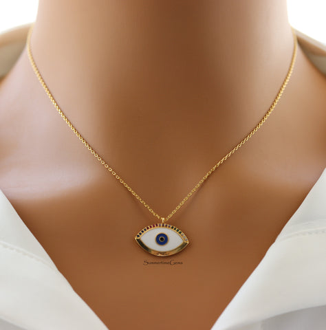 STG 18K Gold Plated Dainty Evil Eye Pendant Necklace – Sparkly CZ Protection Charm Jewelry