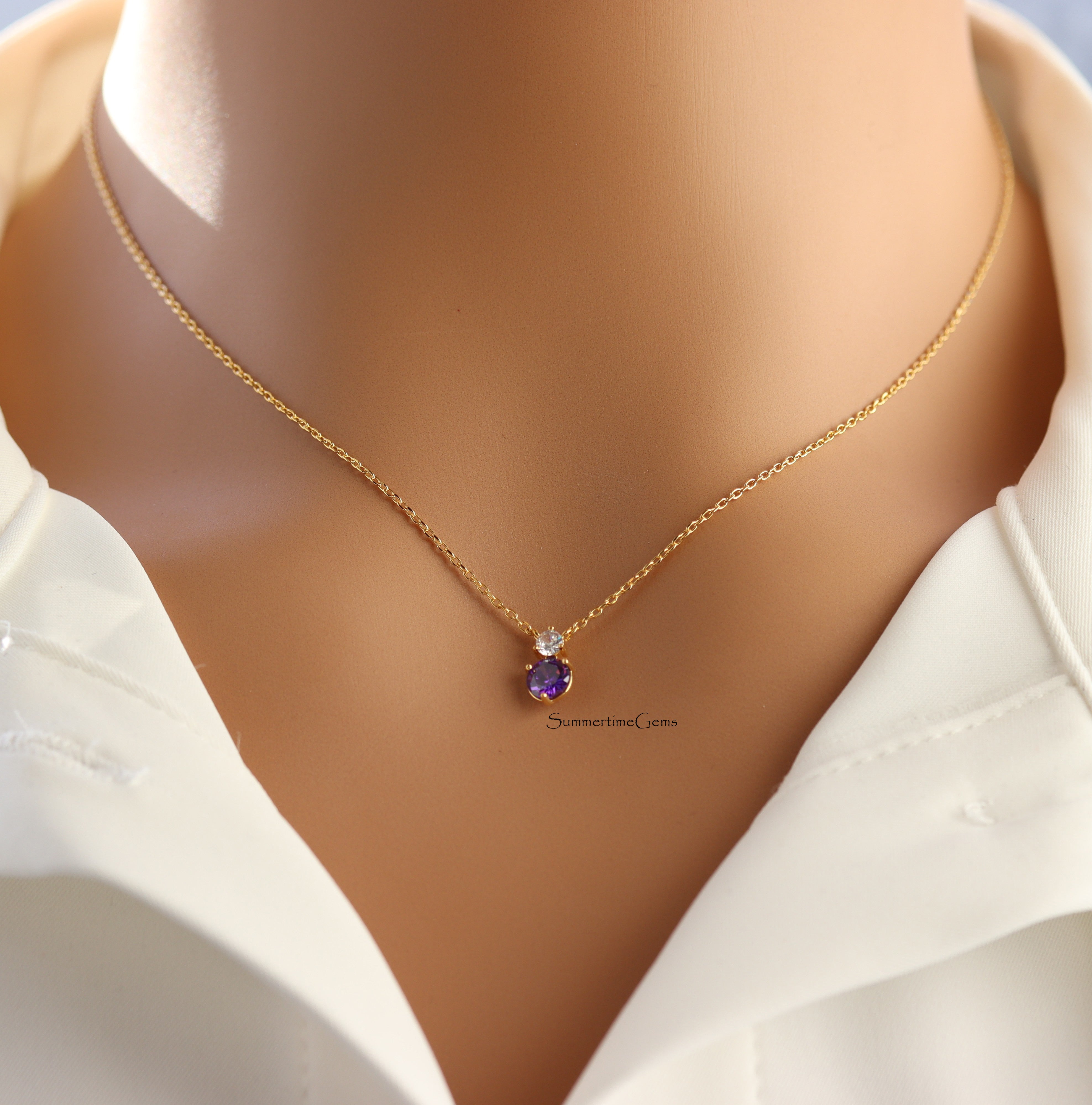 STG 18K Gold Plated February Amethyst Birthstone Pendant Necklace – Elegant Purple Crystal Jewelry for February Birthdays