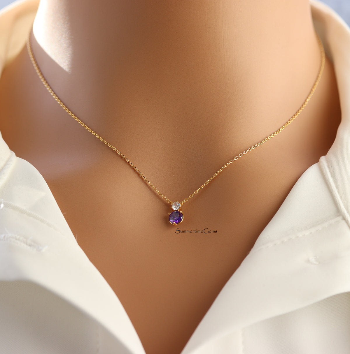 STG 18K Gold Plated February Amethyst Birthstone Pendant Necklace – Elegant Purple Crystal Jewelry for February Birthdays