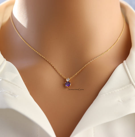 STG 18K Gold Plated February Amethyst Birthstone Pendant Necklace – Elegant Purple Crystal Jewelry for February Birthdays