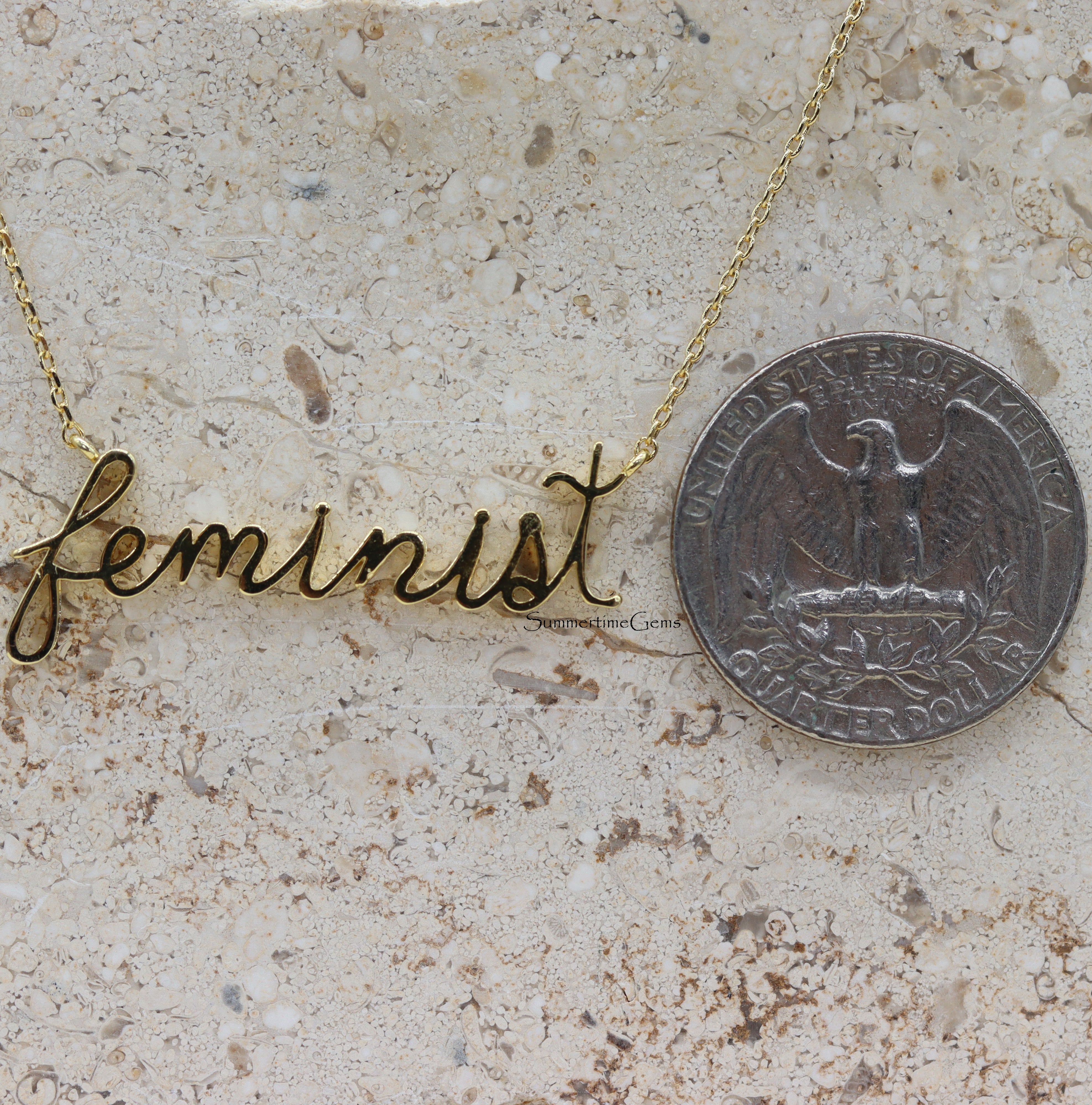 STG 18K Gold Plated Handwritten “Feminist” Pendant Necklace for Women – Empowerment Jewelry, Dainty Gift for Her