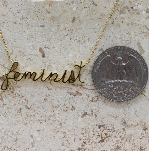 STG 18K Gold Plated Handwritten “Feminist” Pendant Necklace for Women – Empowerment Jewelry, Dainty Gift for Her