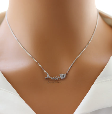 STG 18K Gold Plated CZ Bonefish Pendant Necklace – Sparkly Nautical Charm for Ocean Lovers