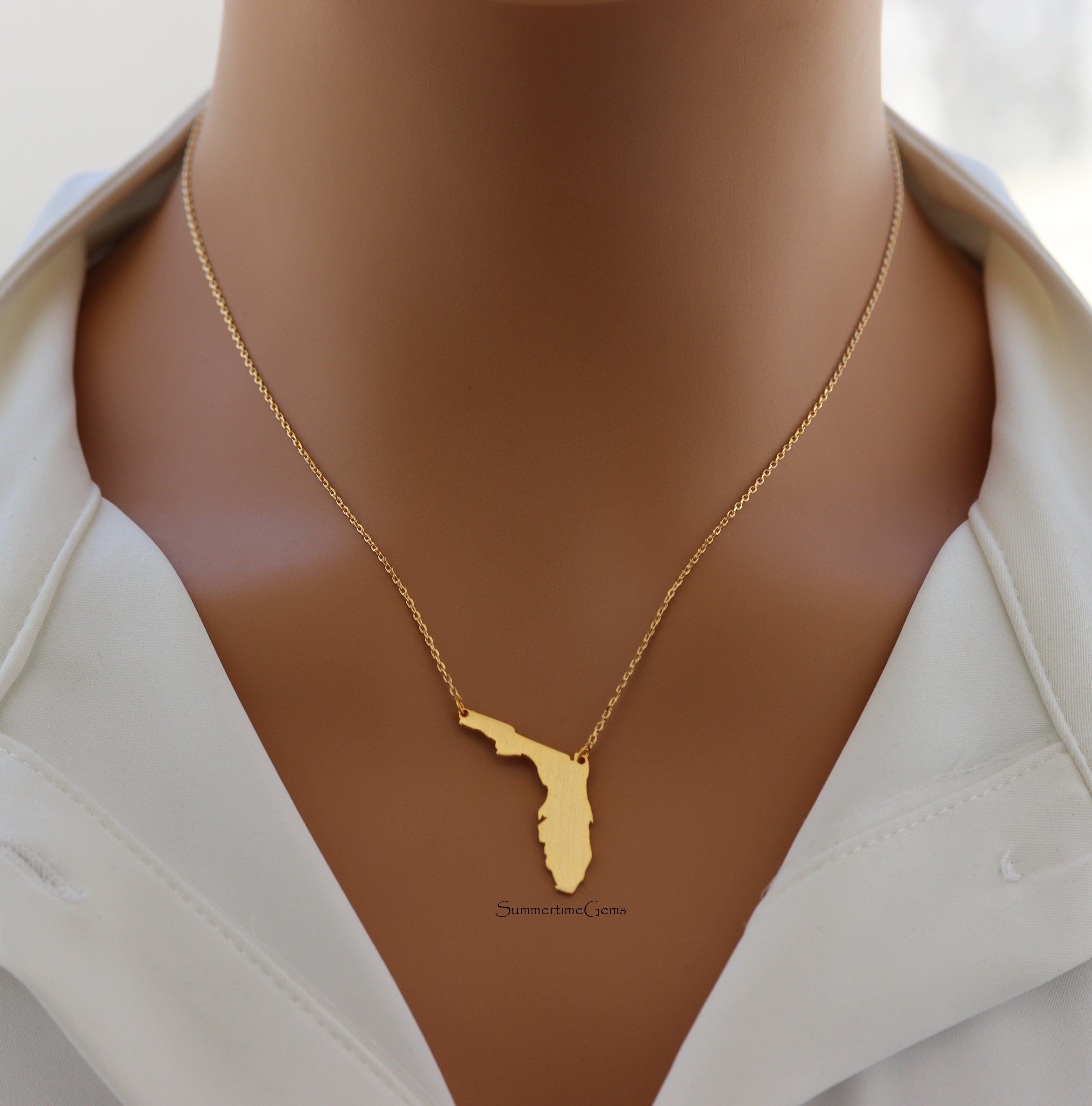STG 18K Gold Plated Dainty Brushed Florida State Pendant Necklace – Minimalist Sunshine State Jewelry