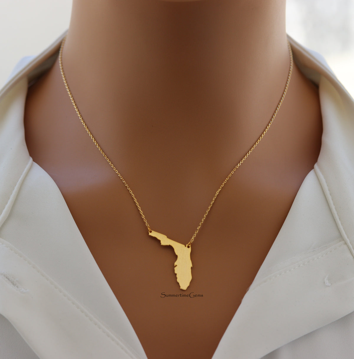 STG 18K Gold Plated Dainty Brushed Florida State Pendant Necklace – Minimalist Sunshine State Jewelry