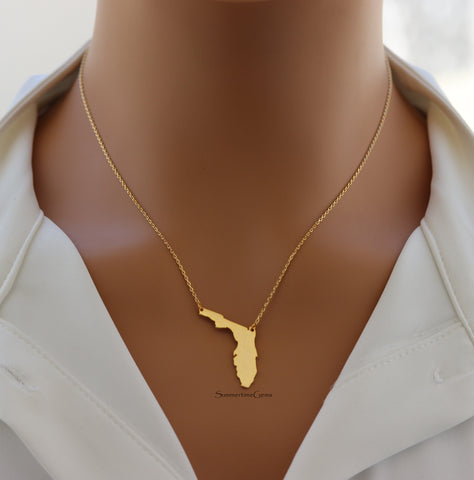STG 18K Gold Plated Dainty Brushed Florida State Pendant Necklace – Minimalist Sunshine State Jewelry