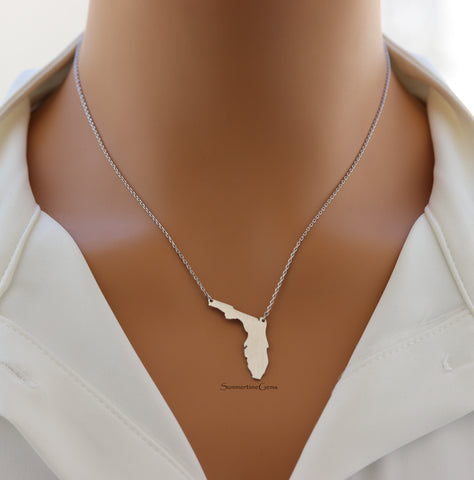 STG 18K Gold Plated Dainty Brushed Florida State Pendant Necklace – Minimalist Sunshine State Jewelry