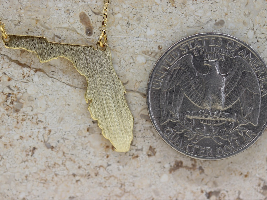 STG 18K Gold Plated Dainty Brushed Florida State Pendant Necklace – Minimalist Sunshine State Jewelry