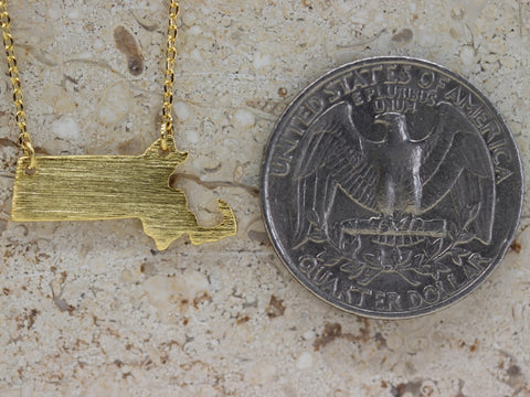 STG 18K Gold Plated Dainty Brushed Massachusetts State Pendant Necklace – Minimalist New England Pride Jewelry for Everyday Wear
