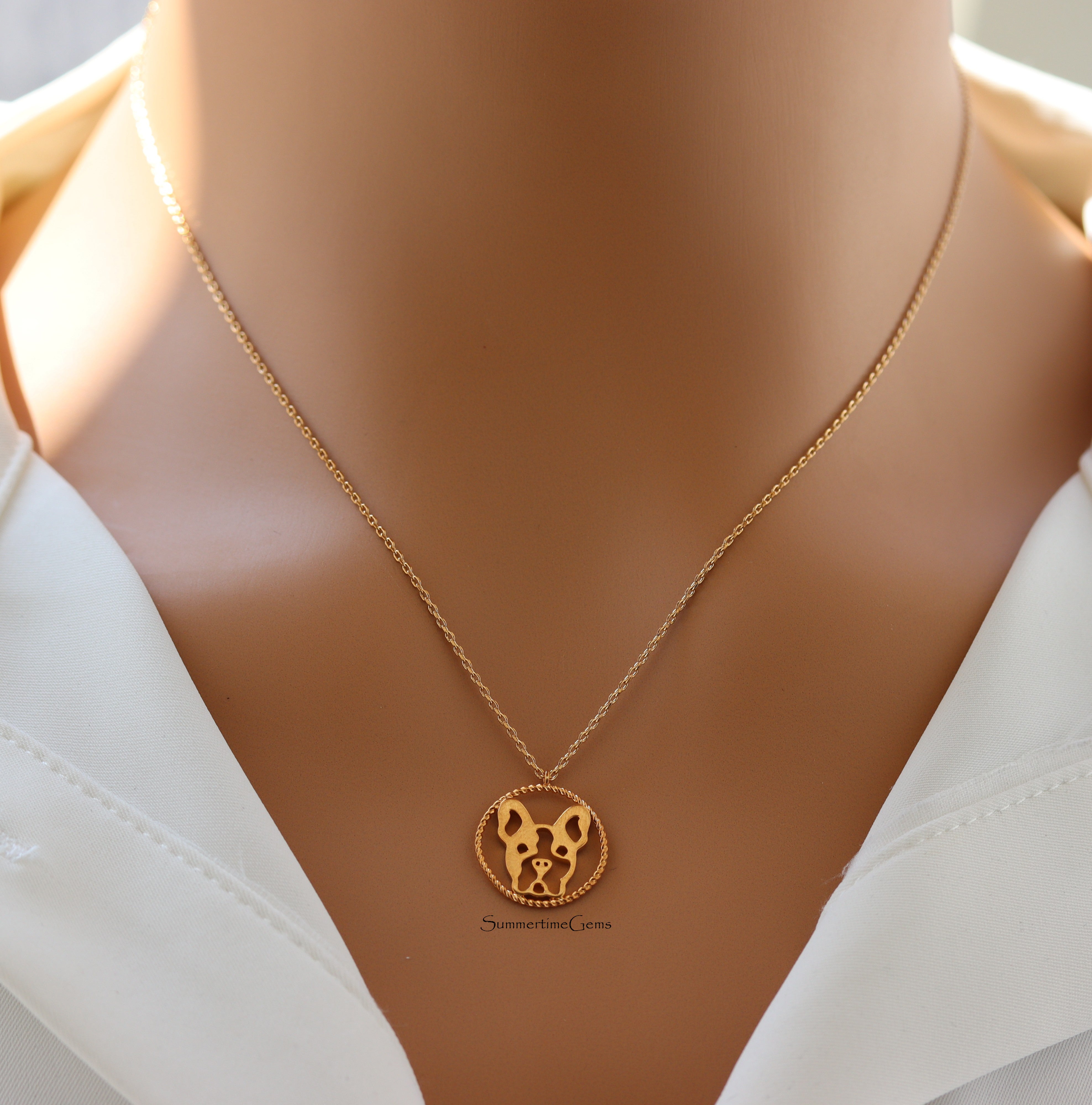 STG 18K Gold Plated Dainty Frenchie Face Pendant Necklace – Cute French Bulldog Dog Lover Jewelry
