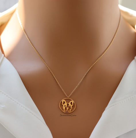 STG 18K Gold Plated Dainty Frenchie Face Pendant Necklace – Cute French Bulldog Dog Lover Jewelry