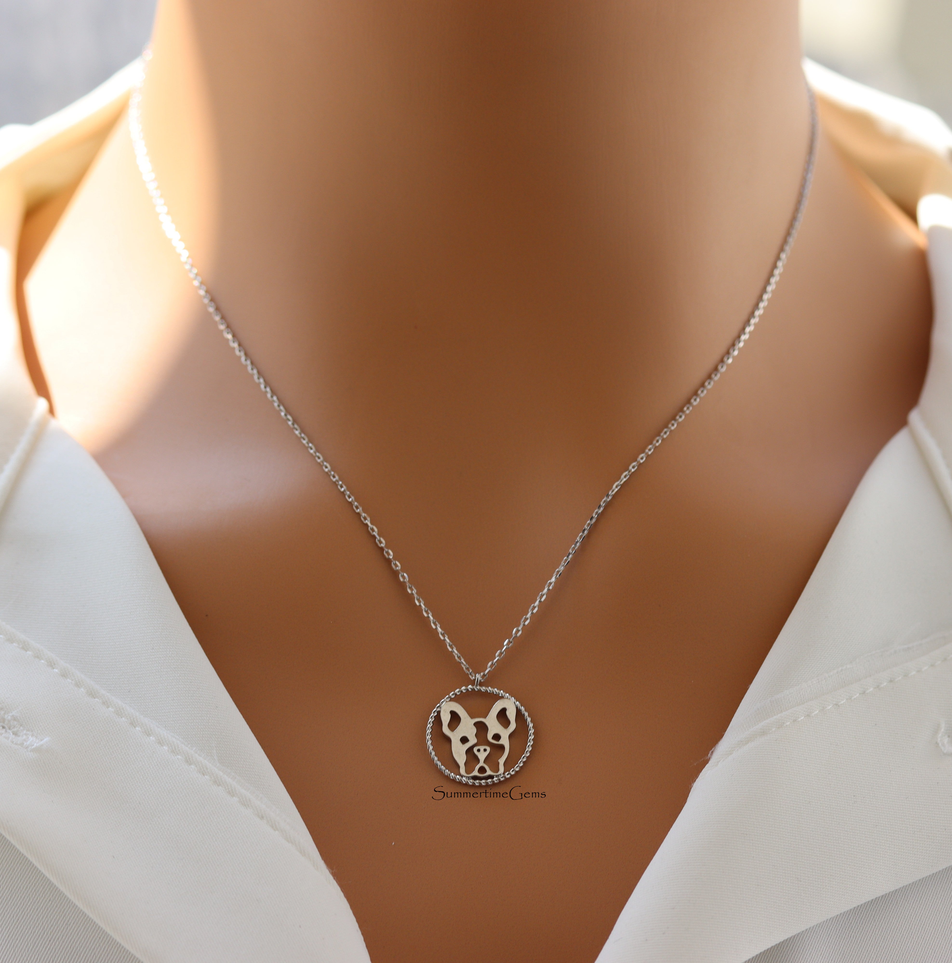STG 18K Gold Plated Dainty Frenchie Face Pendant Necklace – Cute French Bulldog Dog Lover Jewelry