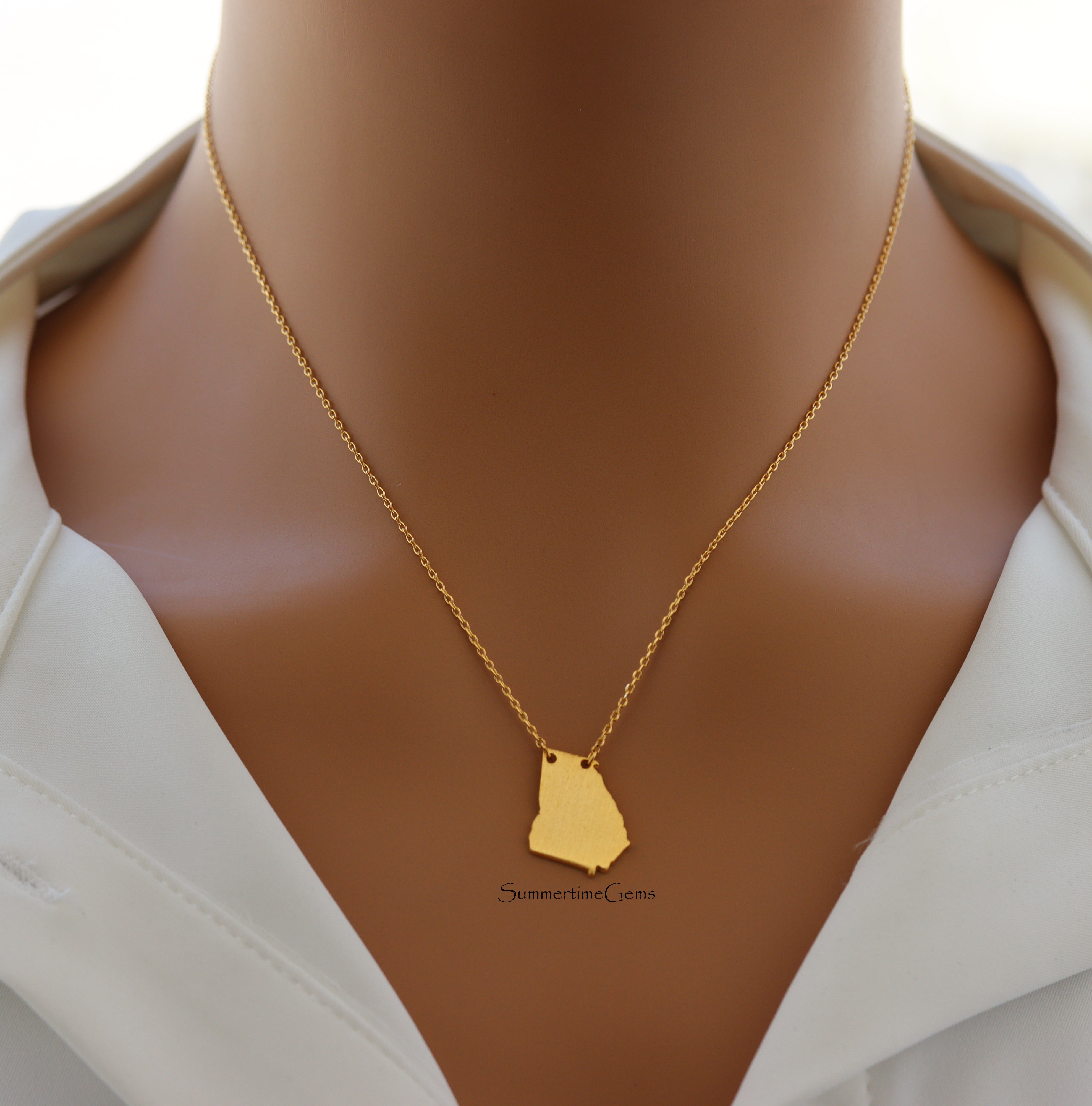 STG 18K Gold Plated Dainty Brushed Georgia State Pendant Necklace – Minimalist Southern Pride Jewelry