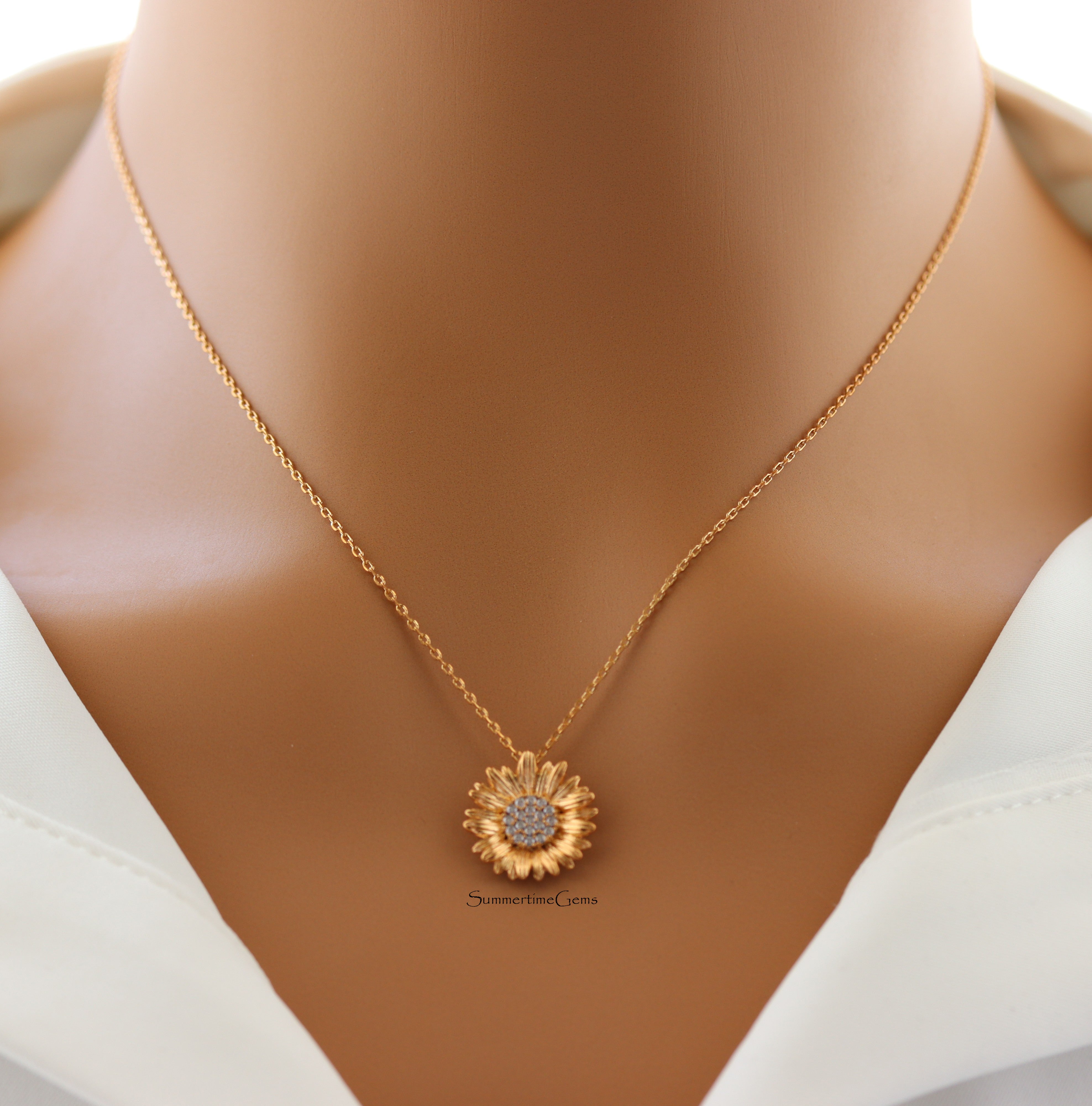 STG 18K Gold Plated Sparkly Sunflower Pendant Necklace – Dainty Floral Jewelry for Bright, Positive Vibes