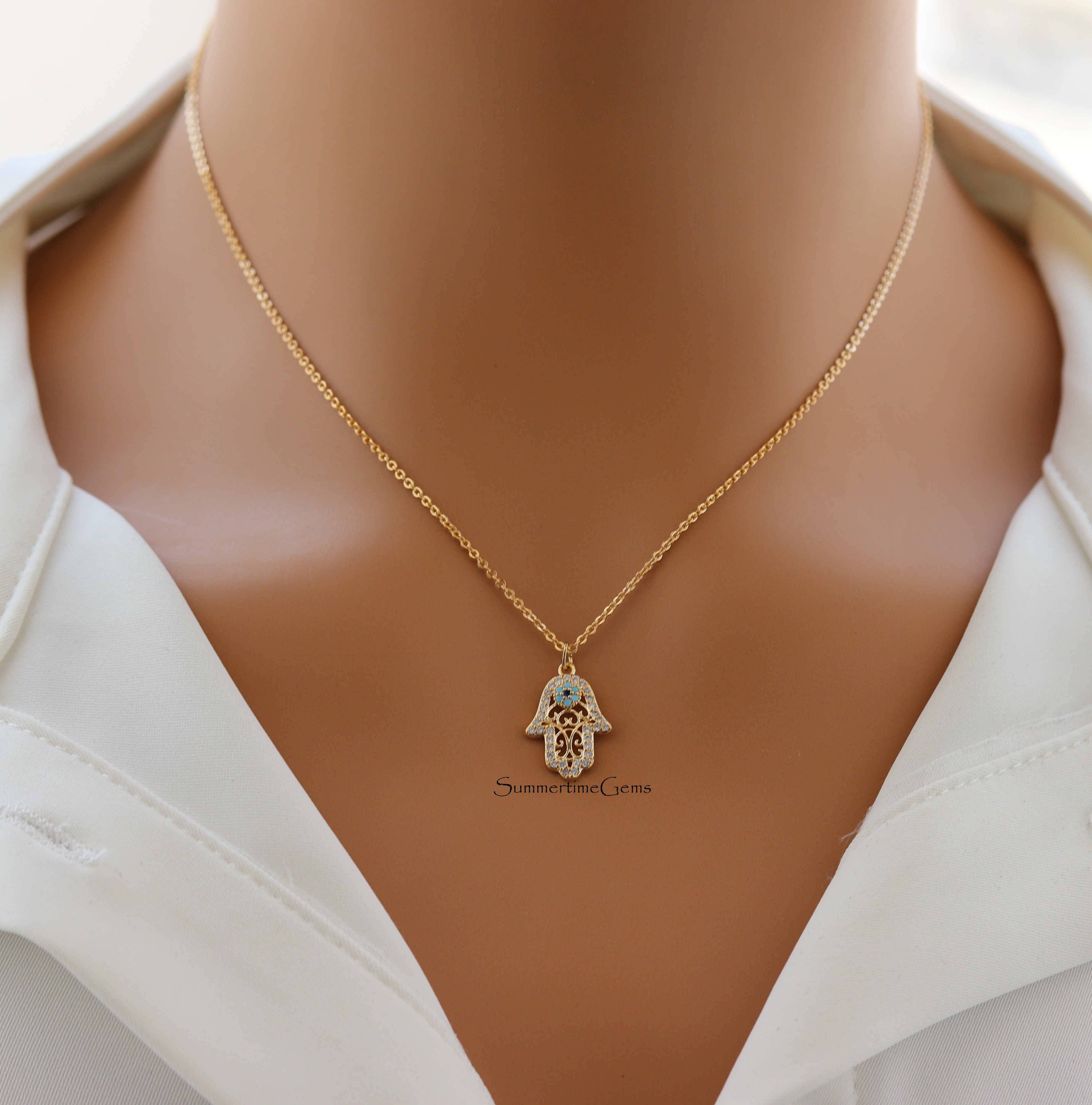STG 18K Gold Plated Pavé Hamsa Hand Pendant Necklace – Sparkly Protection & Good Luck Jewelry