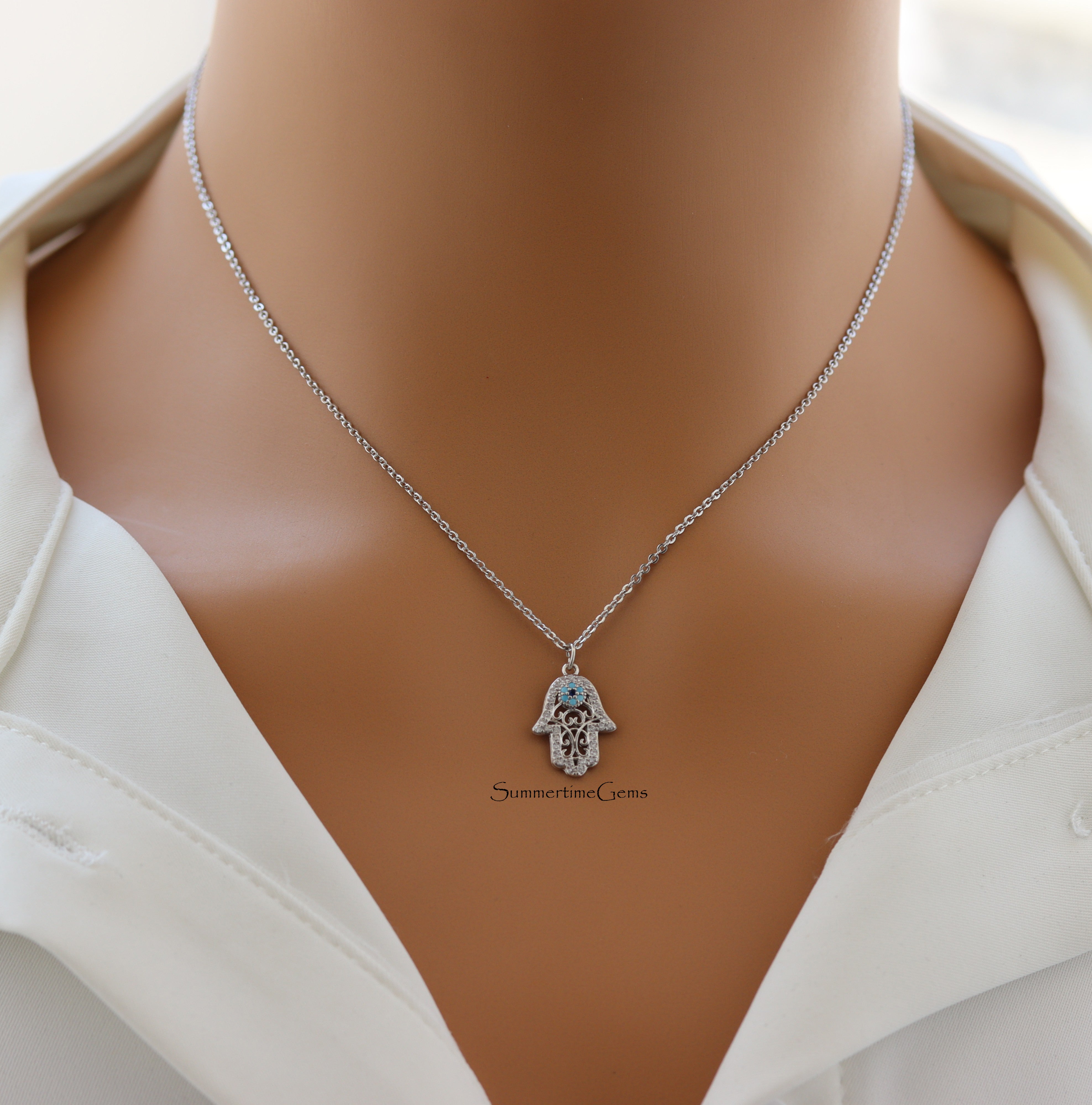 STG 18K Gold Plated Pavé Hamsa Hand Pendant Necklace – Sparkly Protection & Good Luck Jewelry