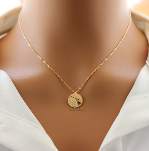 STG 18K Gold Plated Brushed Hawaii Cutout Circle Pendant Necklace – Island-Inspired Minimalist Jewelry