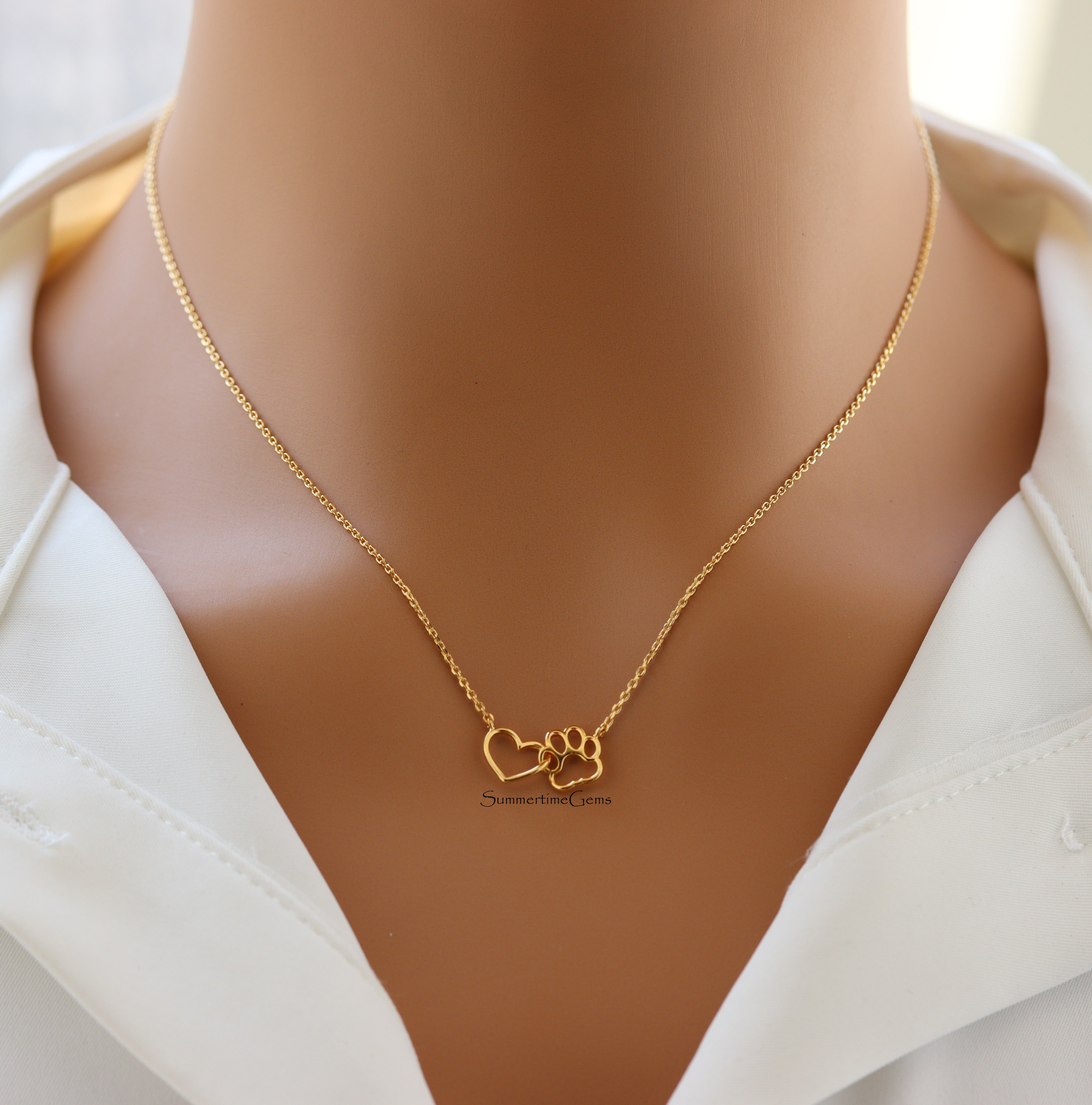 STG 18K Gold Plated Dainty Dog Paw and Heart Linked Charm Necklace – Pet Lover Jewelry Gift for Dog Moms