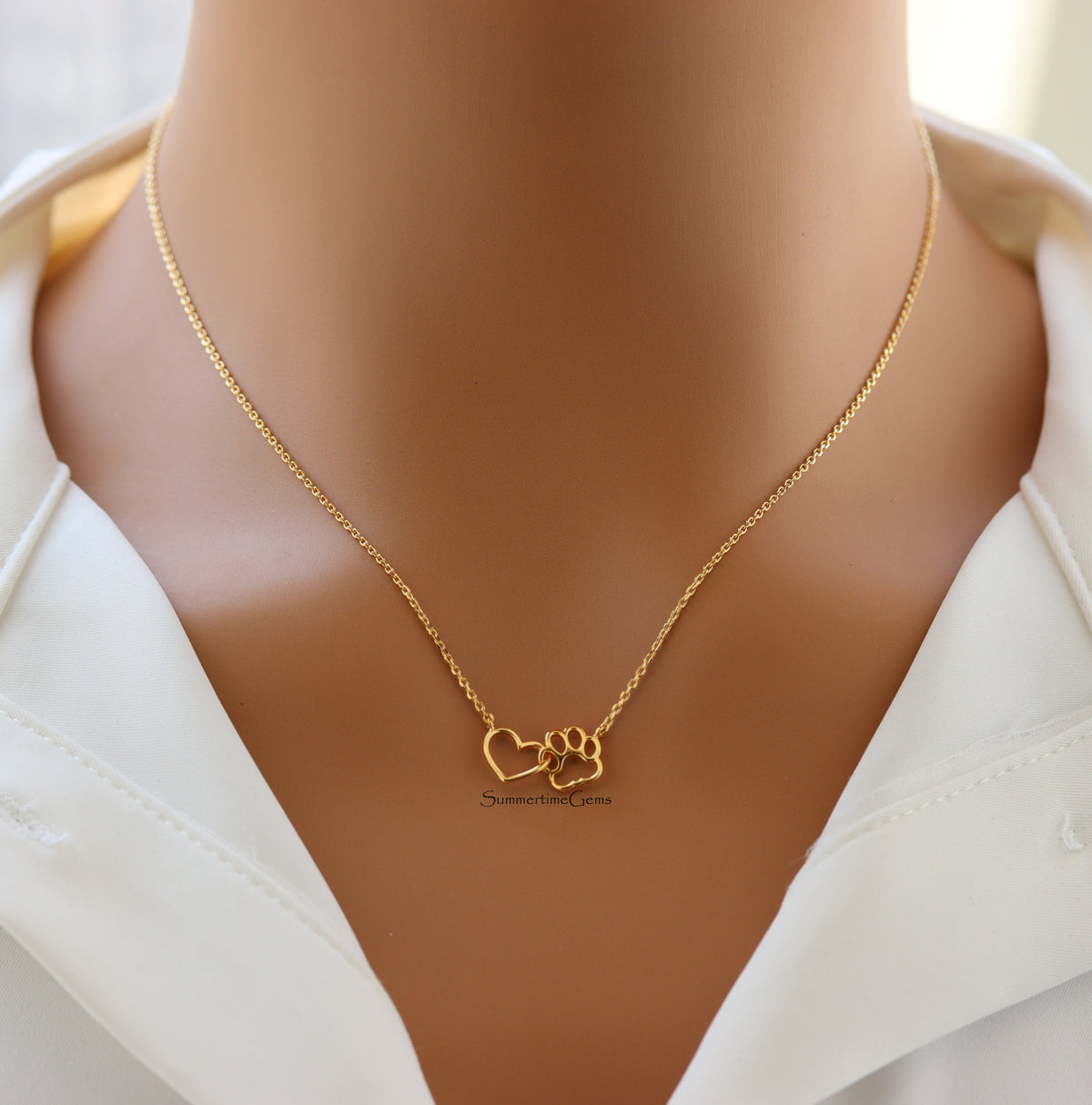 STG 18K Gold Plated Dainty Dog Paw and Heart Linked Charm Necklace – Pet Lover Jewelry Gift for Dog Moms