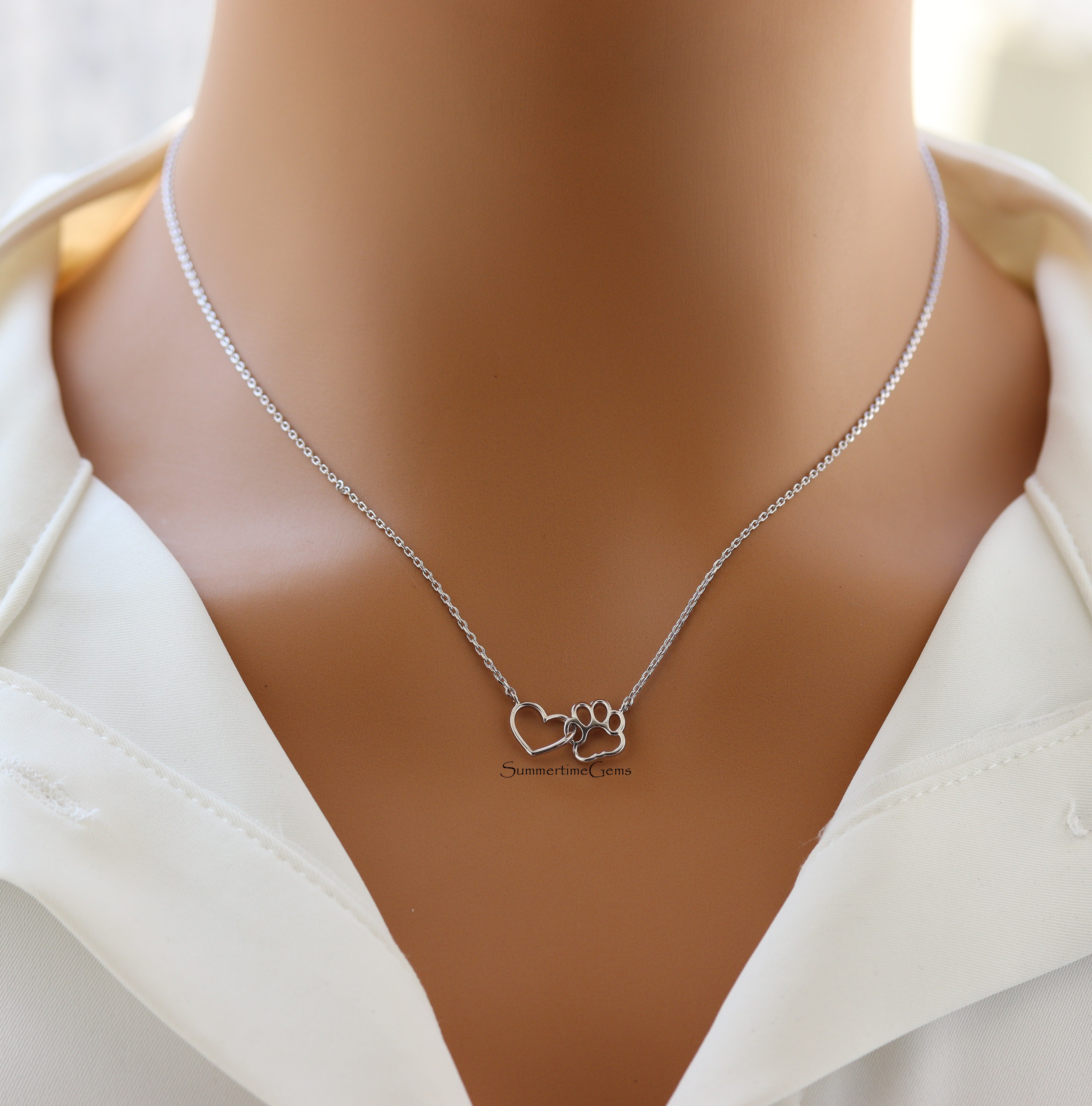 STG 18K Gold Plated Dainty Dog Paw and Heart Linked Charm Necklace – Pet Lover Jewelry Gift for Dog Moms