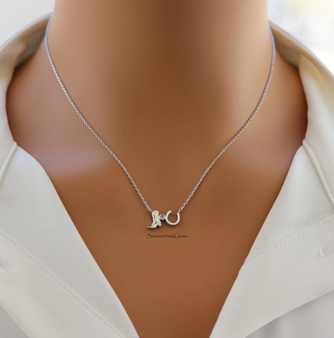 STG 18K Gold Plated Western Cowboy Boots and Horseshoe Pendant Necklace – Country Chic Jewelry for Rodeo & Western Lovers