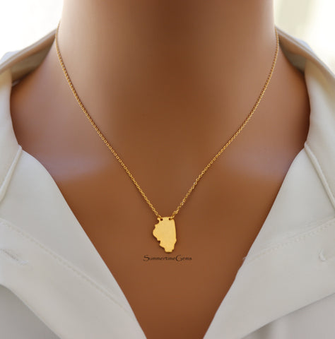 STG 18K Gold Plated Dainty Brushed Illinois State Pendant Necklace – Minimalist Home State Jewelry for Everyday Wear