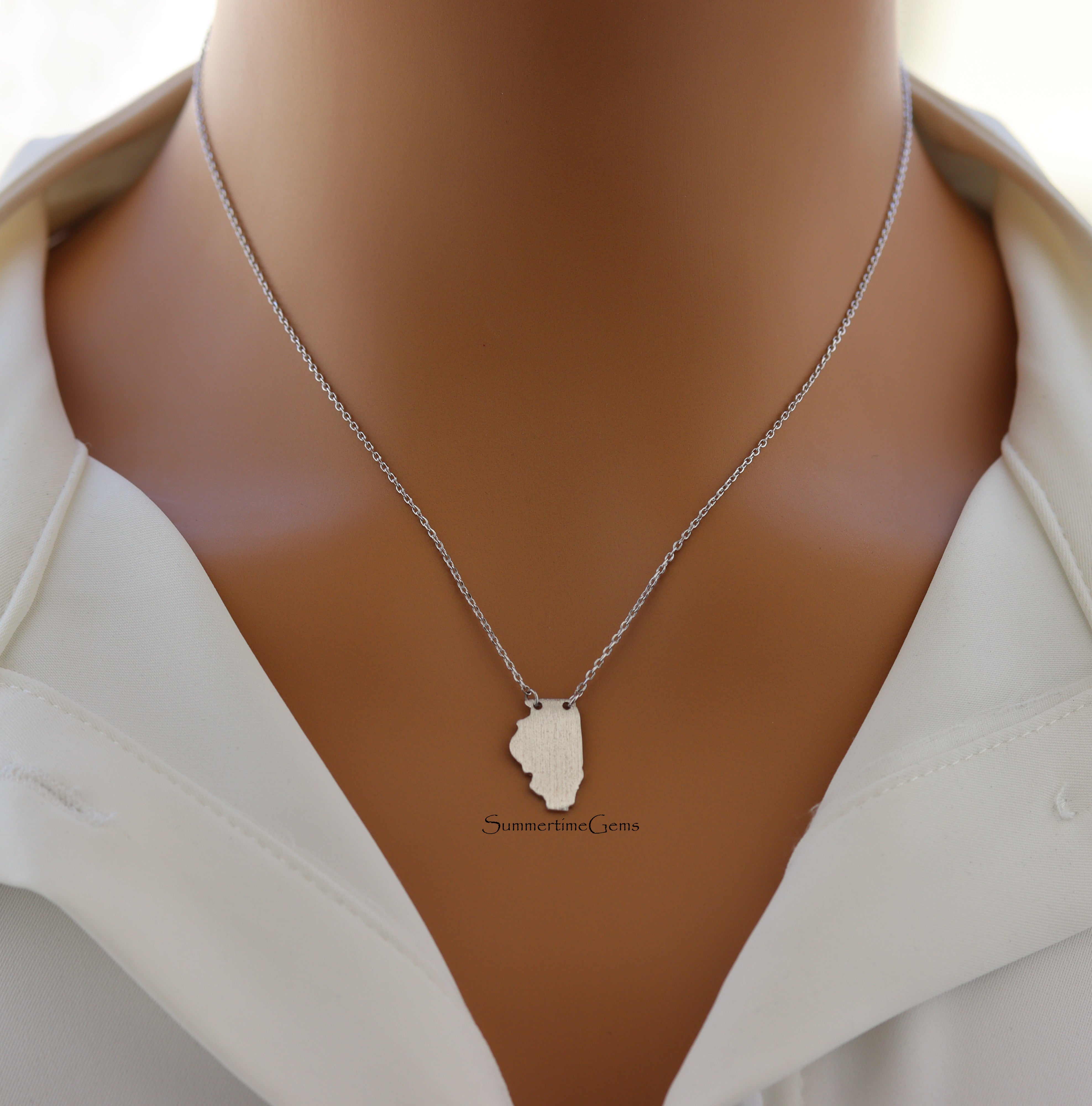 STG 18K Gold Plated Dainty Brushed Illinois State Pendant Necklace – Minimalist Home State Jewelry for Everyday Wear