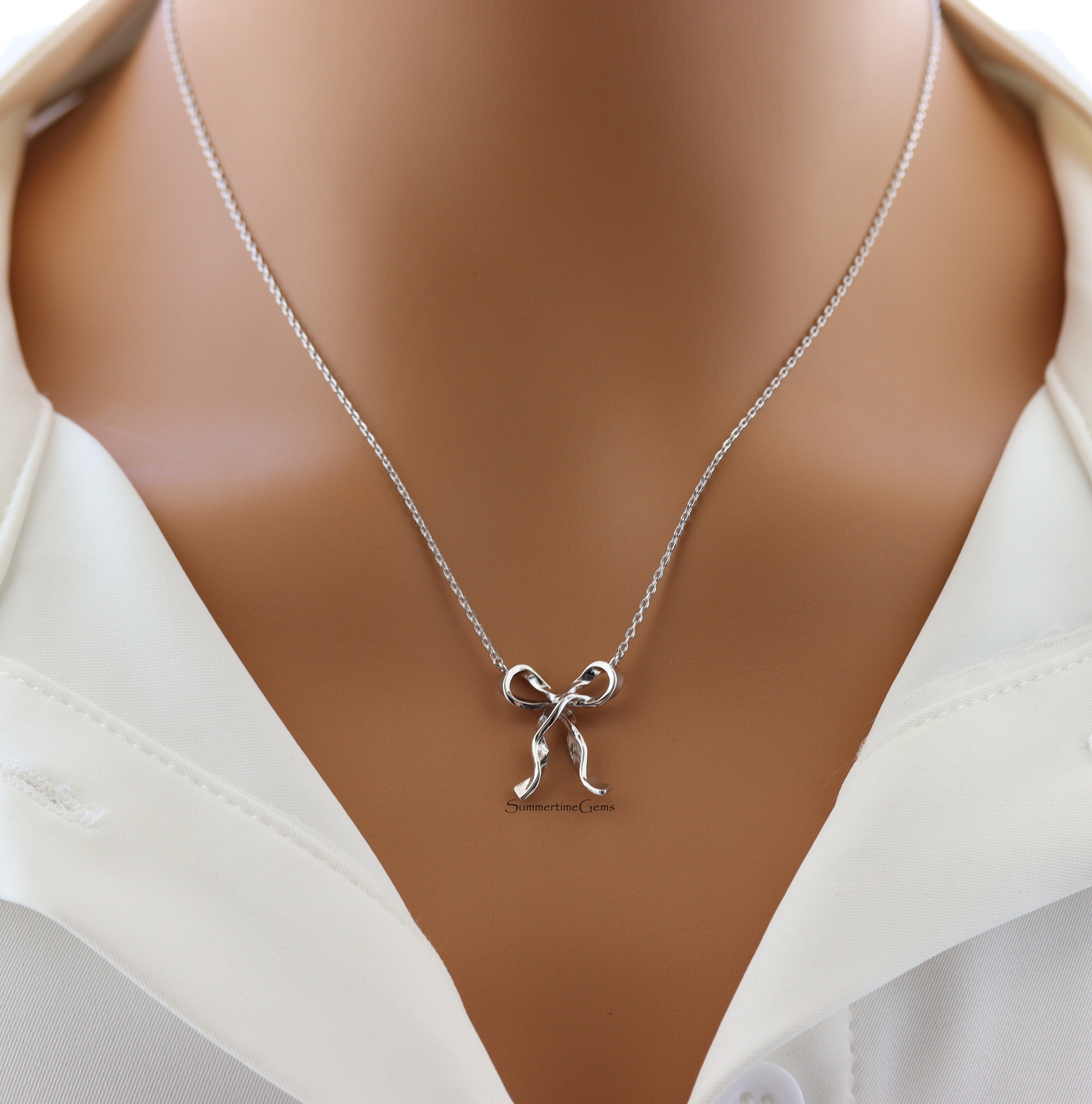 STG 18K Gold Plated Dainty Long Ribbon Bow Pendant Necklace – Elegant Feminine Jewelry for Everyday Charm