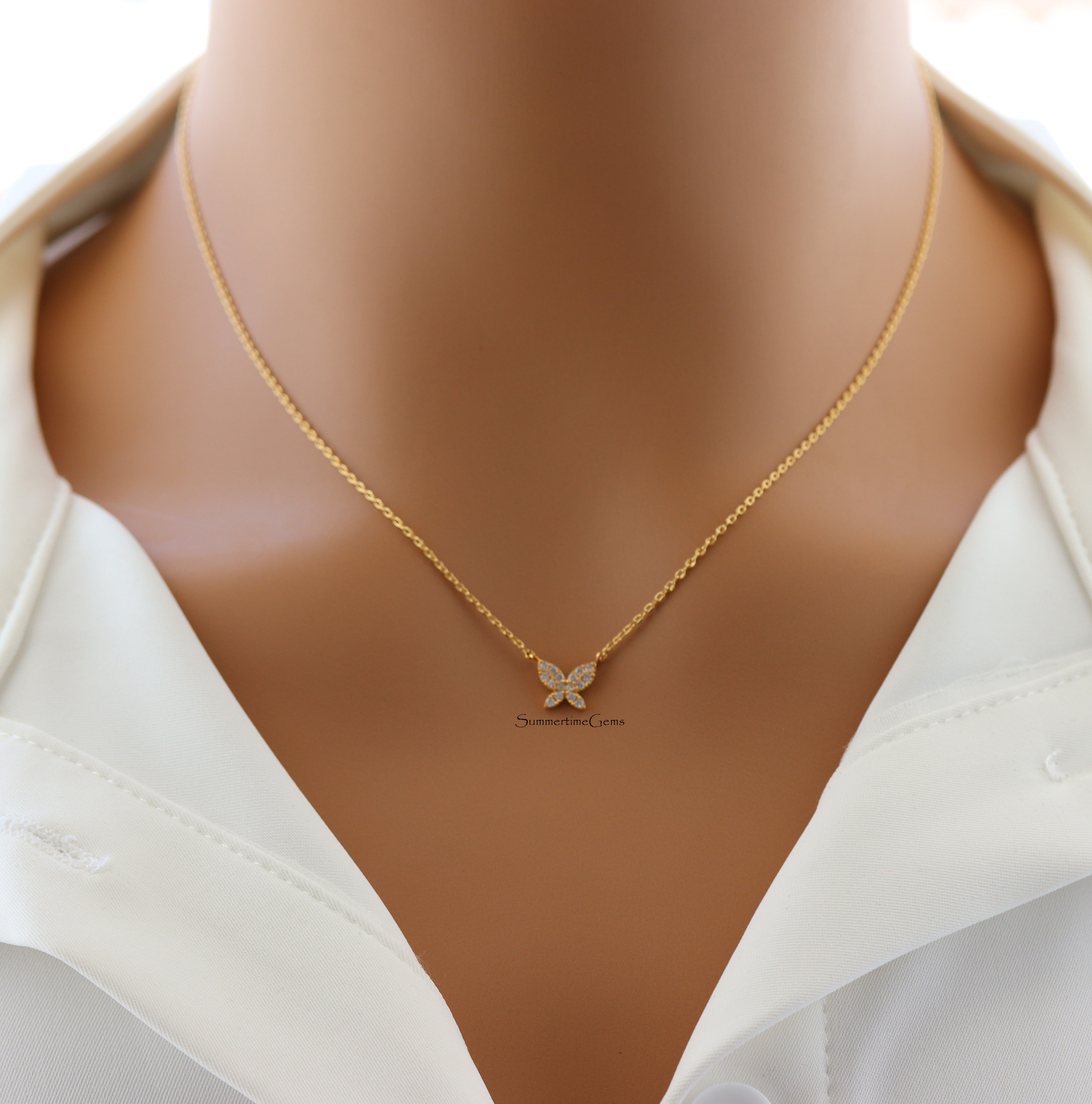 STG 18K Gold Plated Dainty Gemmed Butterfly Necklace – Sparkly Nature-Inspired Jewelry for Transformation & Beauty