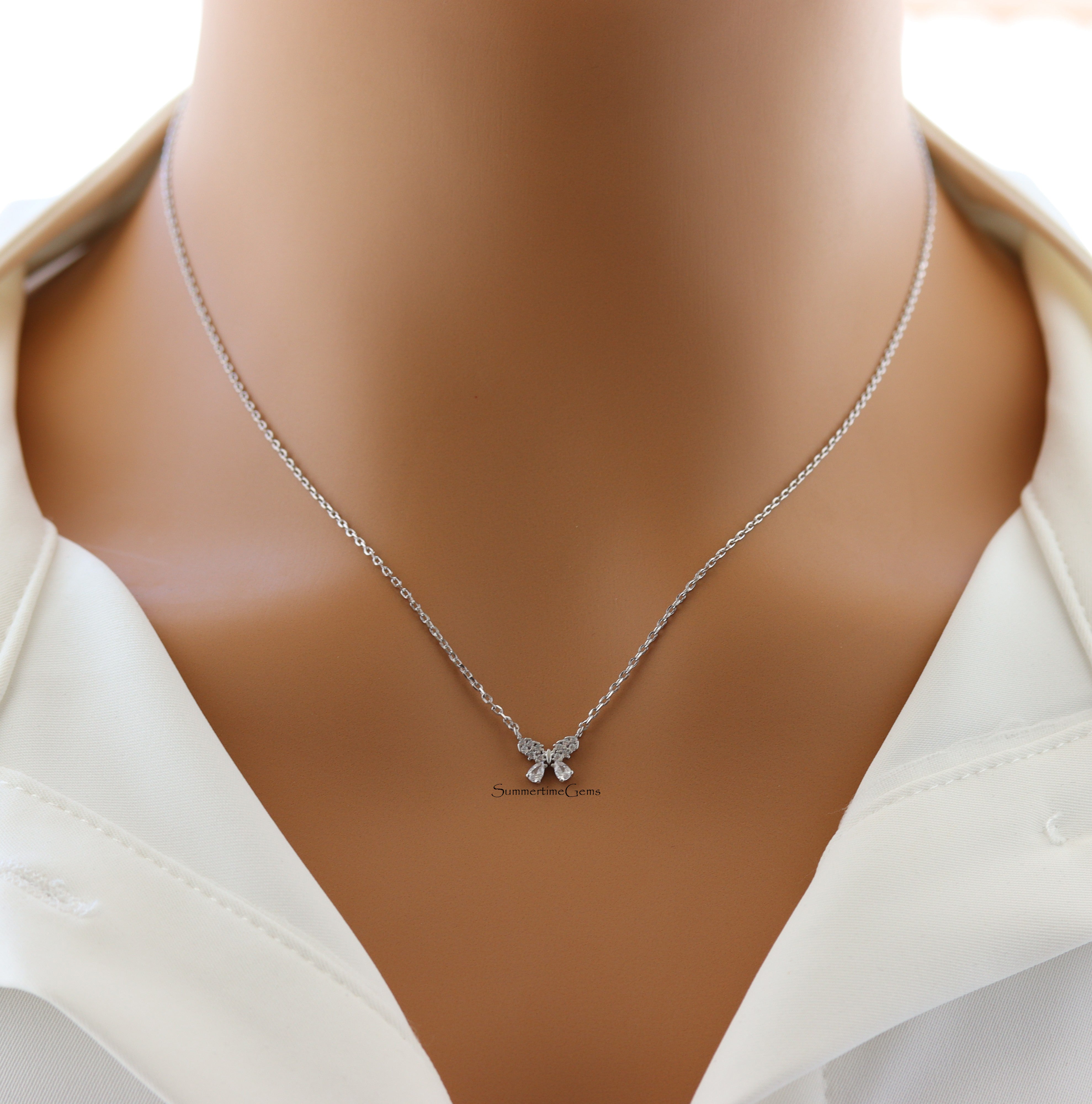 STG 18K Gold Dipped Dainty Rhinestone Pave Mini Butterfly Charm Necklace