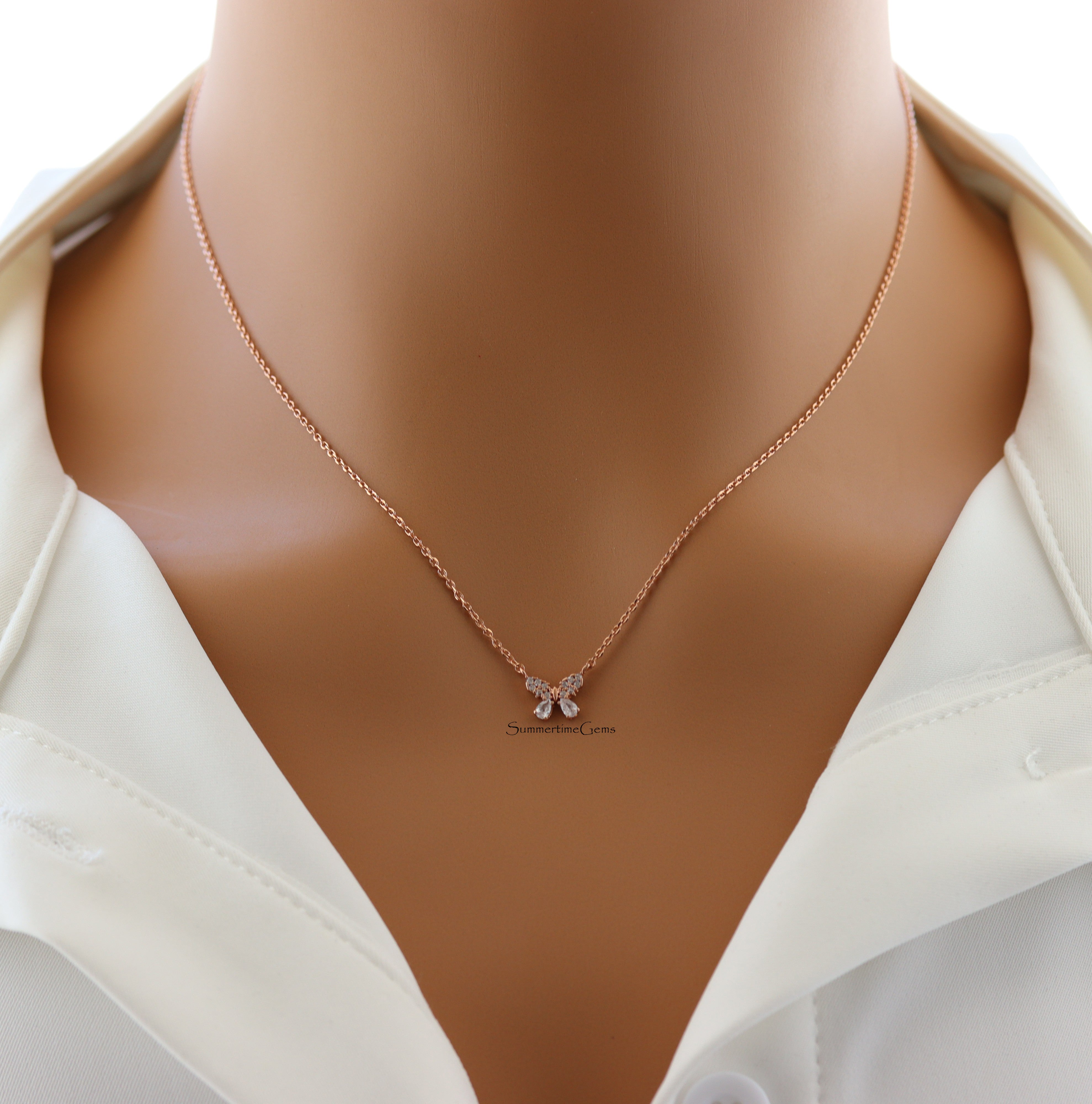 STG 18K Gold Dipped Dainty Rhinestone Pave Mini Butterfly Charm Necklace