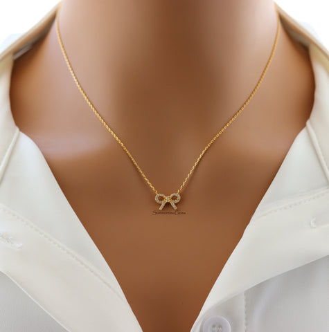 STG 18K Gold Plated Sparkly Cubic Zirconia Ribbon Bow Pendant Necklace – Dainty Gift for HerFEATURES: