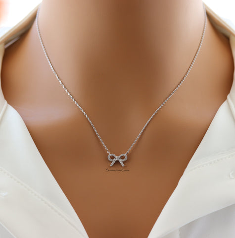 STG 18K Gold Plated Sparkly Cubic Zirconia Ribbon Bow Pendant Necklace – Dainty Gift for HerFEATURES: