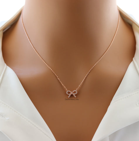 STG 18K Gold Plated Sparkly Cubic Zirconia Ribbon Bow Pendant Necklace – Dainty Gift for HerFEATURES: