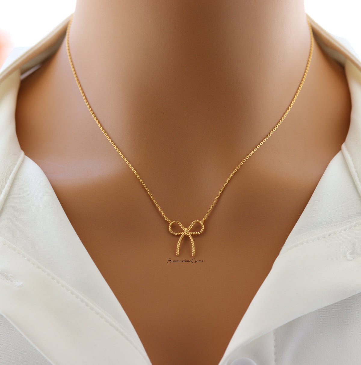 STG 18K Gold Plated Dainty Textured Ribbon Bow Pendant Necklace – Elegant & Feminine Jewelry Gift
