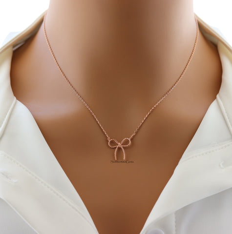 STG 18K Gold Plated Dainty Textured Ribbon Bow Pendant Necklace – Elegant & Feminine Jewelry Gift