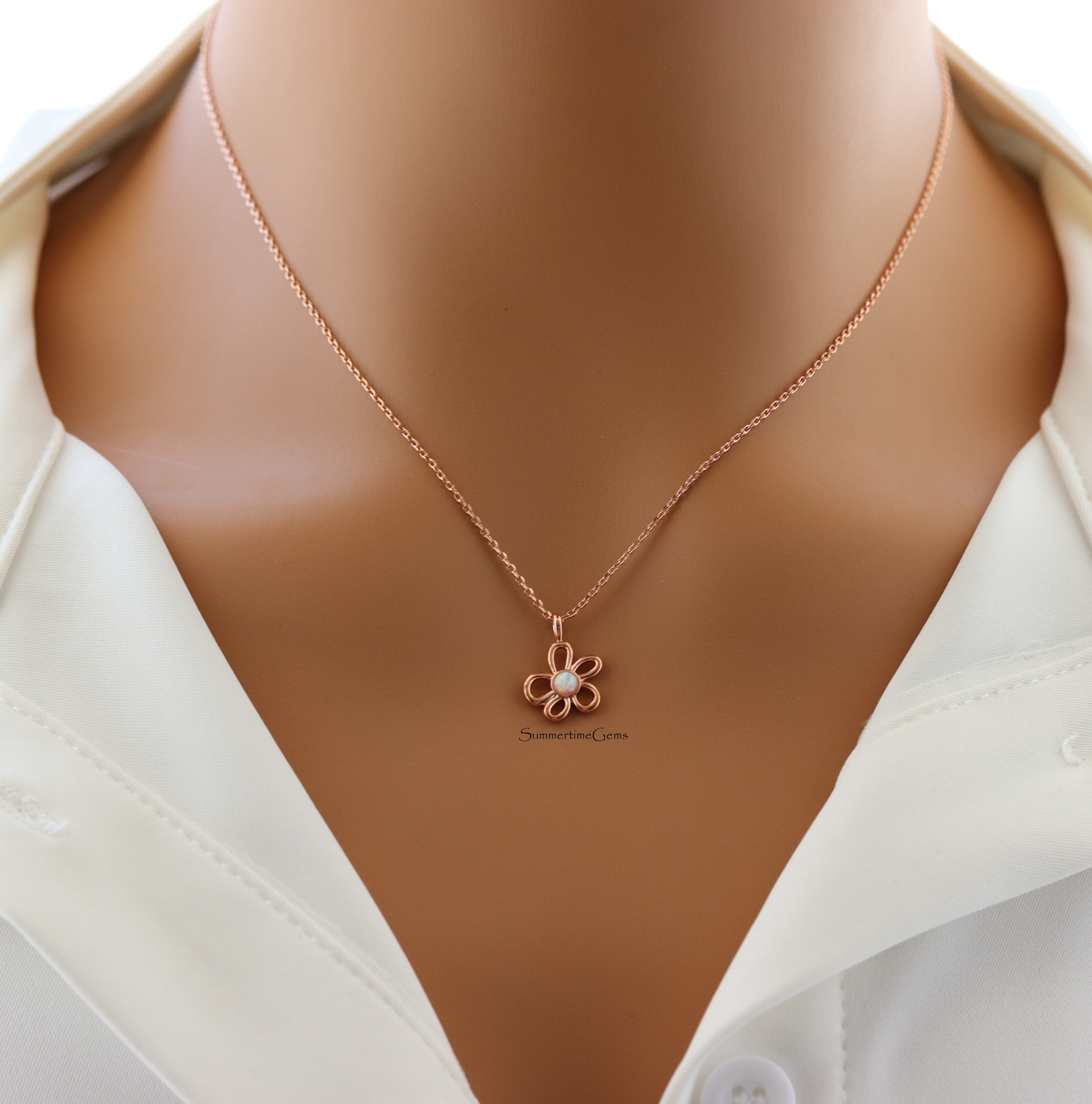 STG 18K Gold Plated Dainty Opal Cutout Flower Pendant Necklace – Elegant Nature-Inspired Jewelry