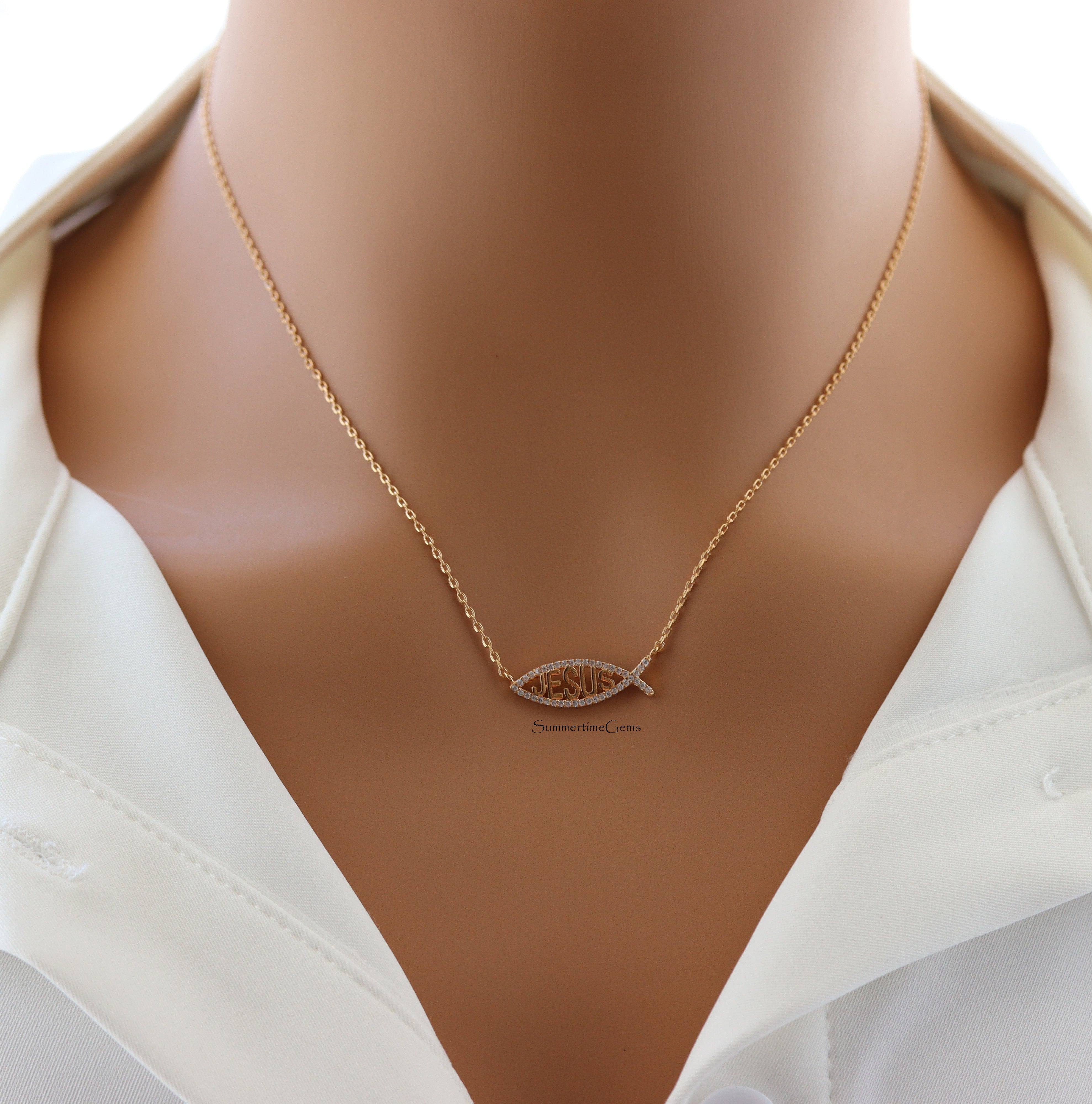 STG 18K Gold Plated Pavé Ichthys Pendant Necklace – Sparkling Christian Fish Symbol Jewelry for Elegant Faith Style